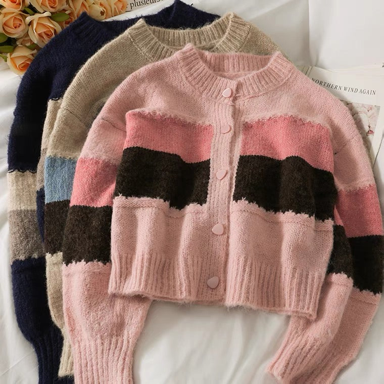 Short long sleeve single breasted knit, cardigan patchwork color sweater 1447