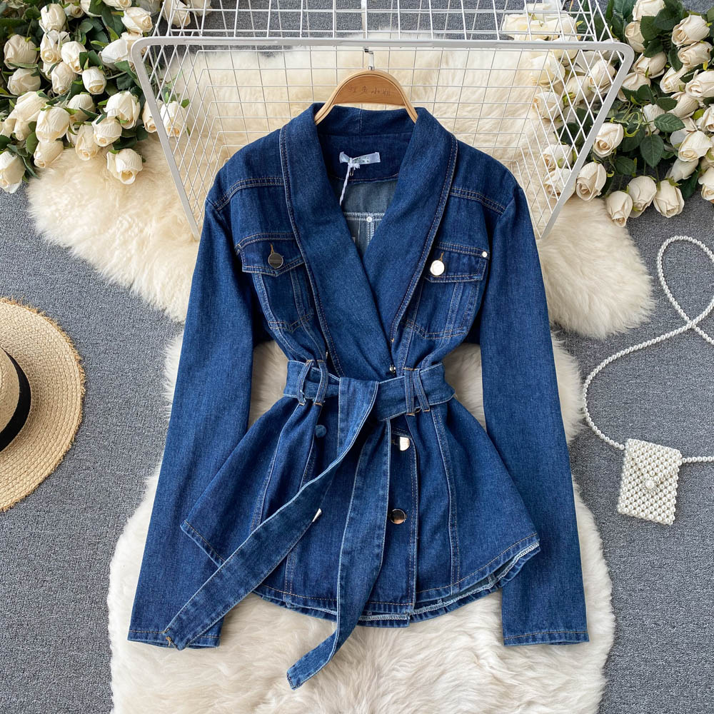 Denim Jacket Women's V-neck double breasted 1512