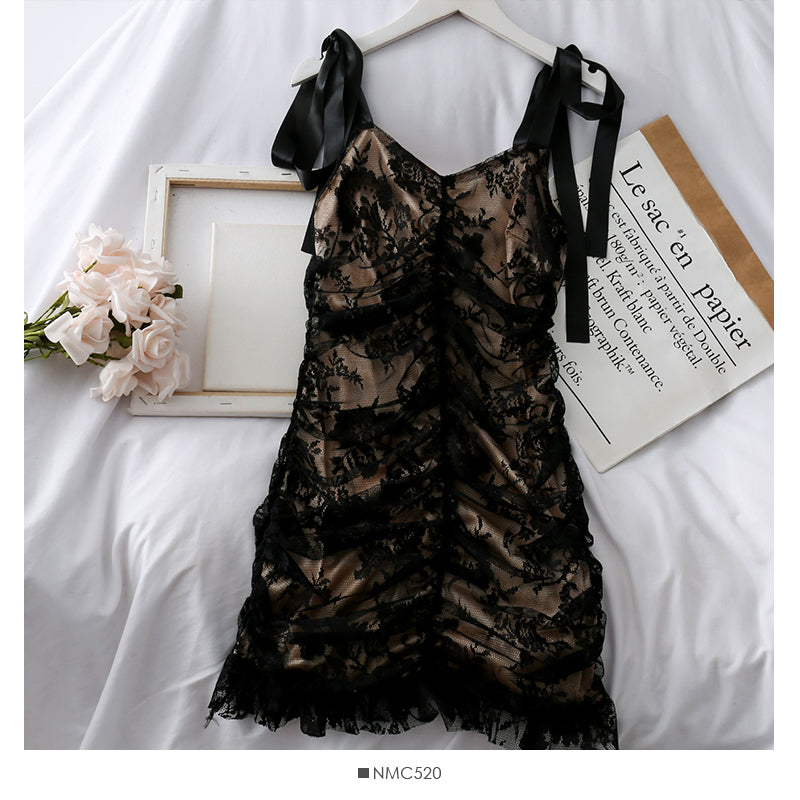 French lace stitched double layer backless suspender dress for women 2696