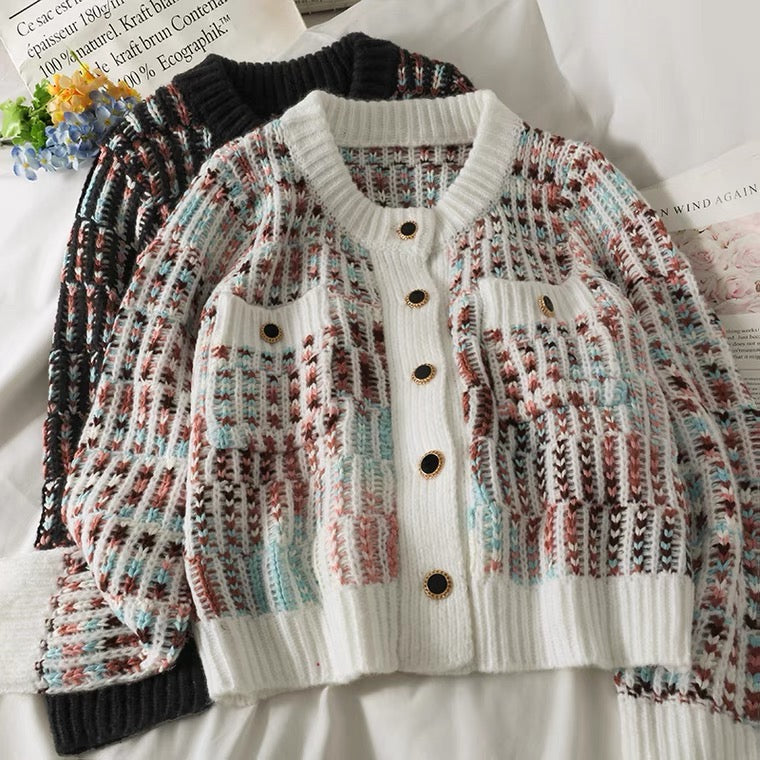 Loose crew-neck knit, striped single-breasted cardigan long-sleeved top 1445