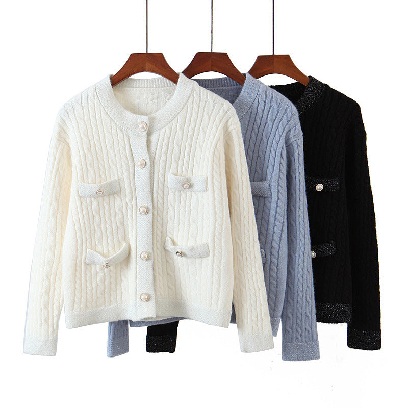 Pull cardigan à boutons nacrés pour robe femme avec petit parfum et design torsadé 1350