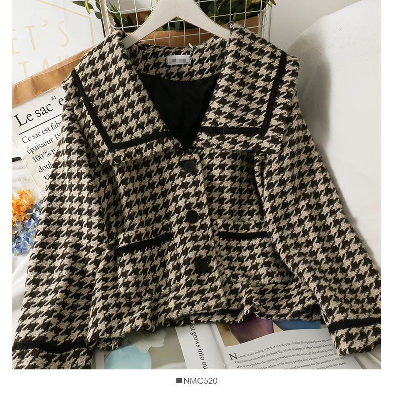 Loose and thin thousand bird check cardigan thickened coat in autumn and winter 2091