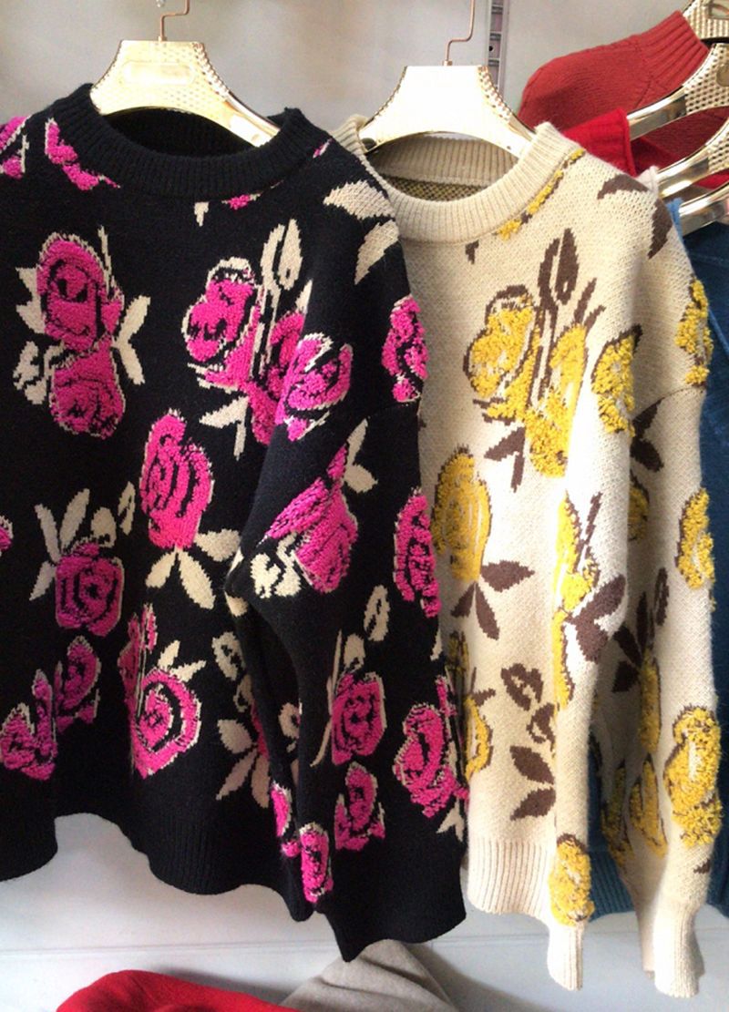 New, rose flower pullovers, loose, warm vintage knits 1436