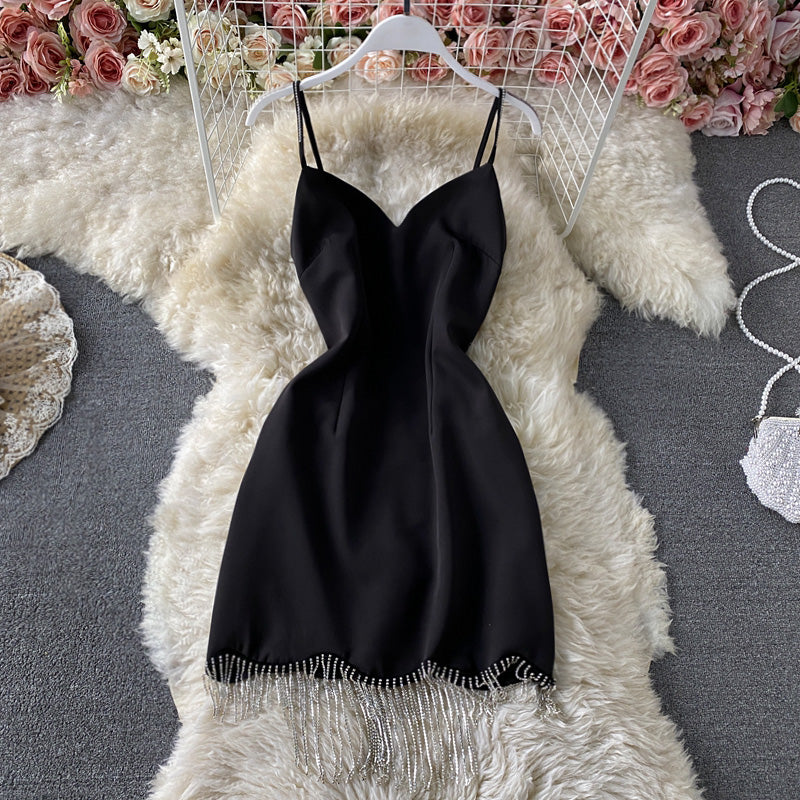 Chain tassel Rhinestone decorative suspender dress 2796