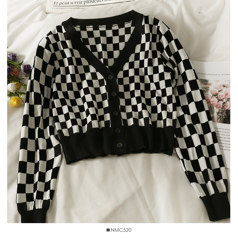 Karierte, kurze, einreihige, langärmlige Strickjacke 1855