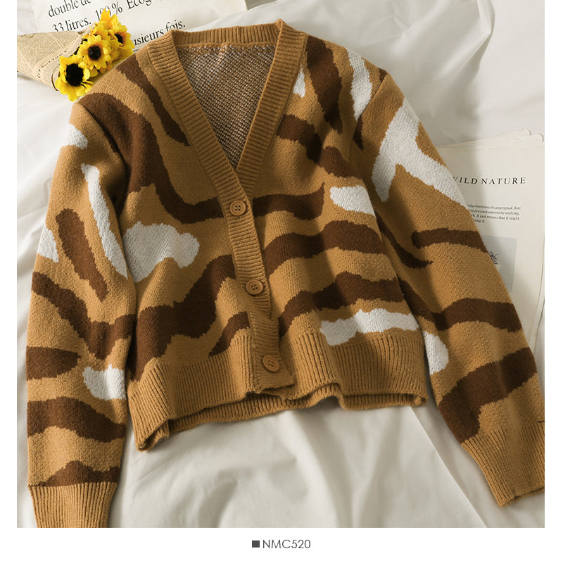 Neue, kurze, einreihige, langärmlige Strickjacke mit Leopardenmuster 1851