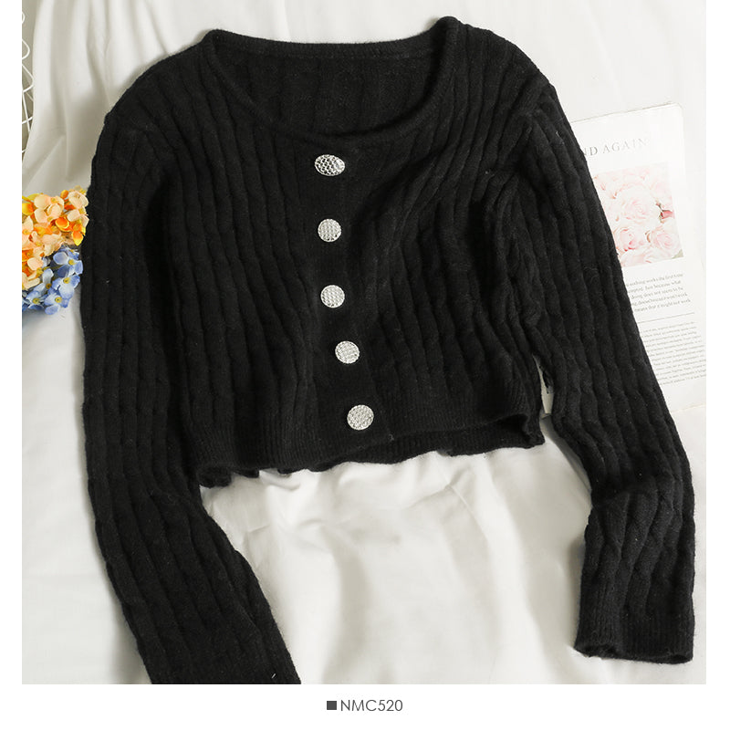 Sweater women's autumn short single breasted long sleeved cardigan top 1970