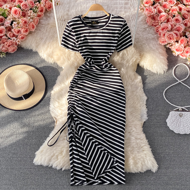 Slim fit waist closing casual side drawcord knee slit stripe dress 1686