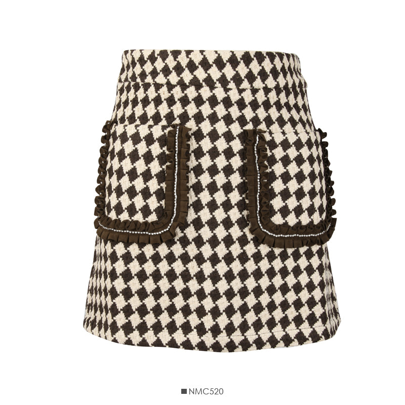 Korean retro color blocking Plaid high waist slim and versatile A-line skirt 2629