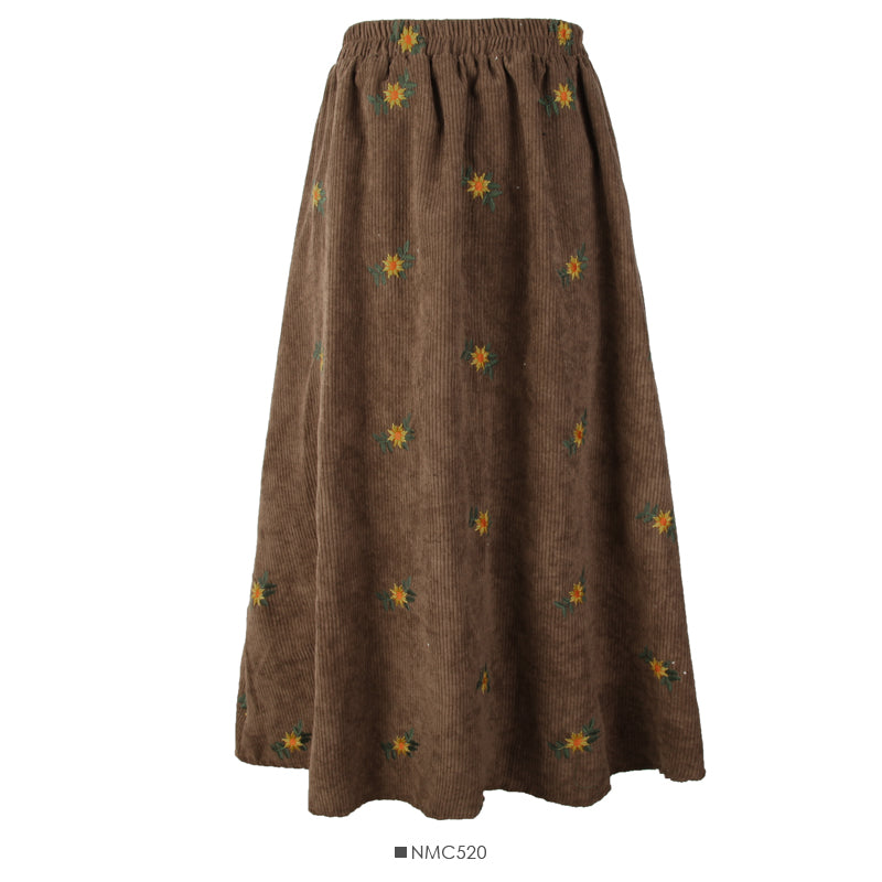 Retro embroidered elastic waist thin medium length A-line skirt 2516