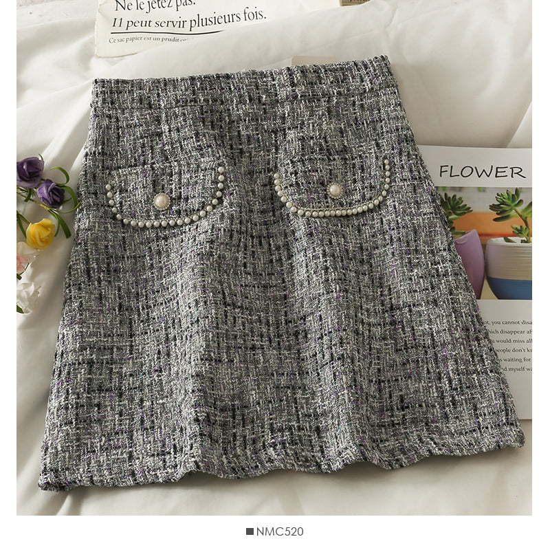 Hong Kong style retro Plaid tweed nail bead high waist hip wrap skirt female 2539