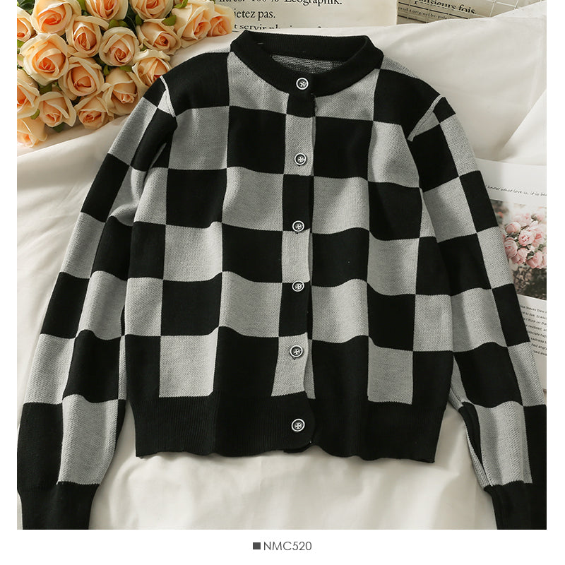 Color contrast check Crew Neck Long Sleeve loose sweater women's new single breasted cardigan sweater 1967