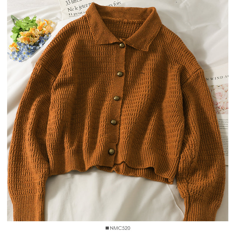 Vintage Revers Langarm einreihige Strickjacke lockerer Pullover 1743