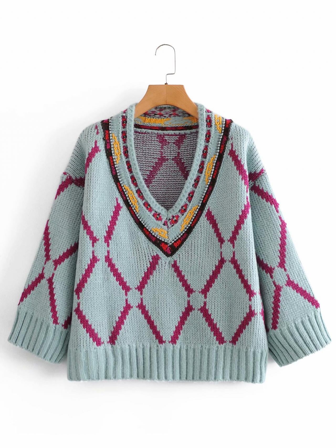 Embroidered pattern V-neck thickened ethnic style sweater loose-fitting sweater for women 1368