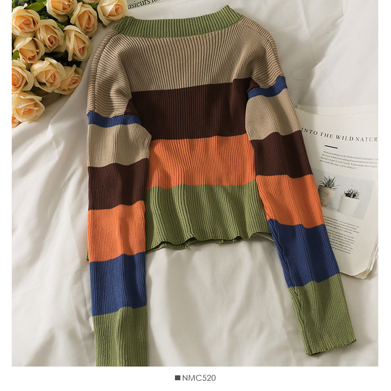 Elegant color contrast single breasted low neck slim fit sweater 2070