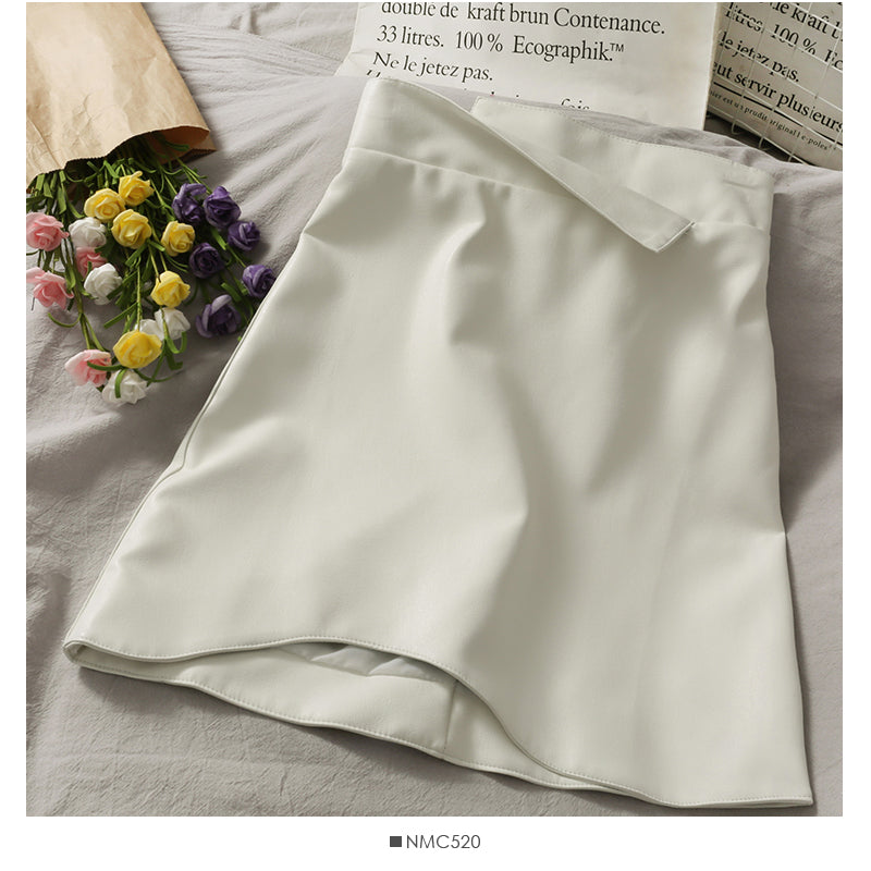 High waist slim wrap hip small leather skirt irregular solid color versatile skirt 2670