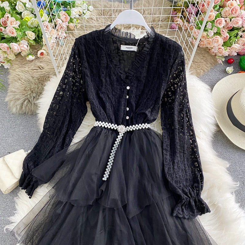 Mesh-Rüschen-Spitzen-Patchwork-Tortenrockkleid 3282