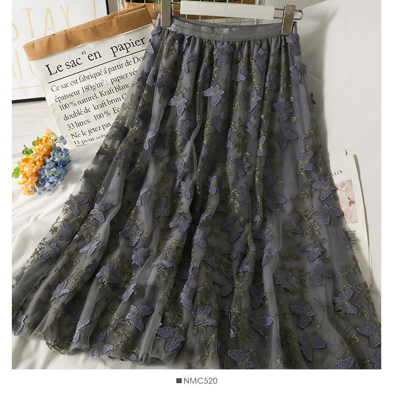 Three dimensional butterfly embroidered bright silk high waist skirt 2550
