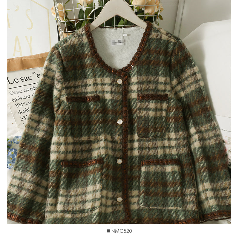 Veste en laine à simple boutonnage pour femme style Hong Kong Vintage Plaid 2124