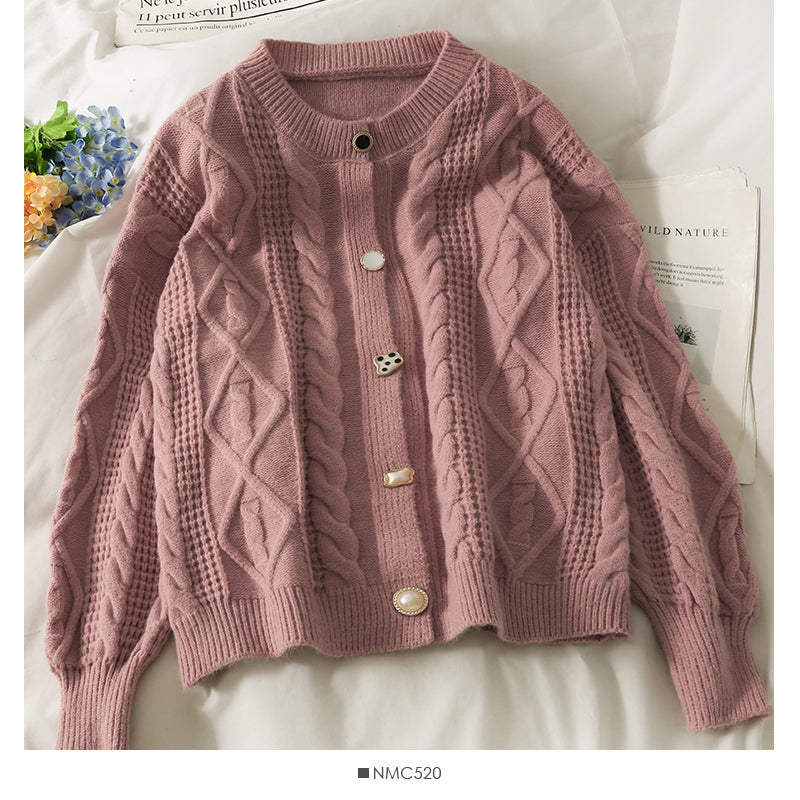 Sweater women's T-neck cardigan top loose and thin, versatile linen pattern long sleeve sweater 2069