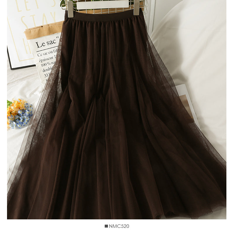 Sweet wind high waist thin medium length solid color skirt 2538