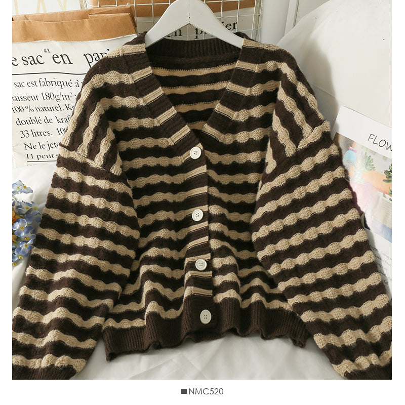 Sweater women's striped single breasted cardigan long sleeved sweater 1982