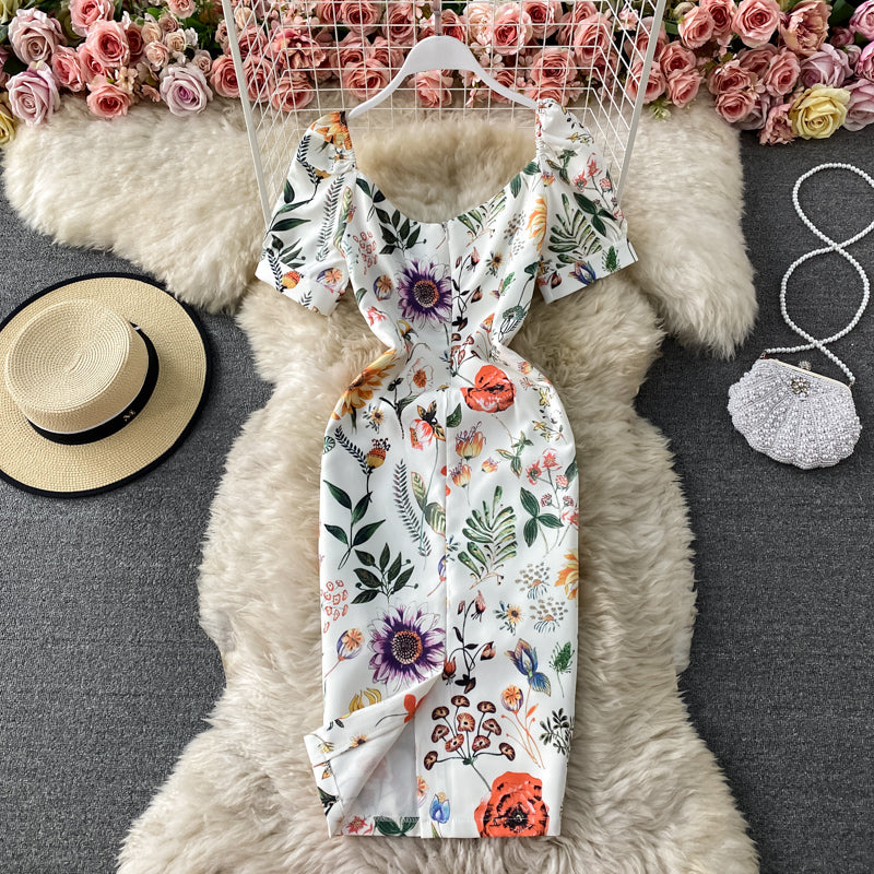 Square neck bubble sleeve slim print buttock dress 3161