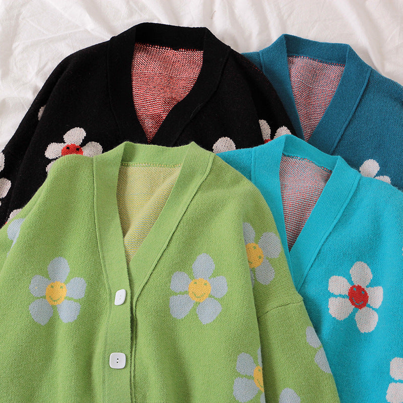 Preppy, geblümter Strickmantel, locker, V-Ausschnitt, Frühlings- und Herbst-Cardigan 1442