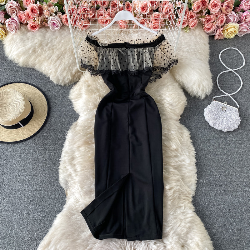 Temperament light mature style one shoulder wave dot mesh dress 2954