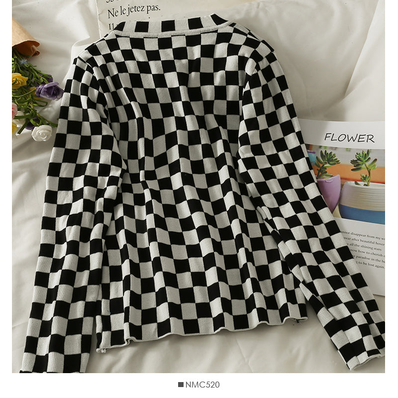 Contrast check crew neck loose and thin long sleeve sweater 1962