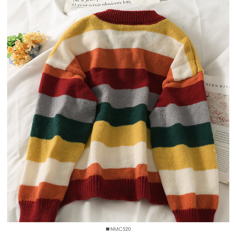 Elegant contrast color stitching stripe loose thin cardigan sweater 1980