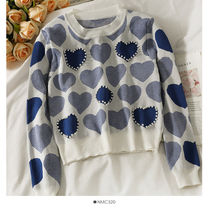 Pullover mit süßem Windnagelperlenherzdruck für Damen 1839