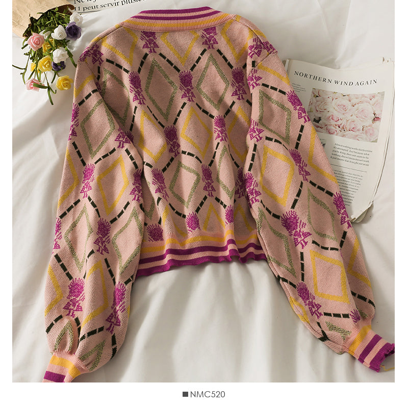 Vintage Print diamond check loose long sleeve top women's autumn V-neck two button short sweater 2066