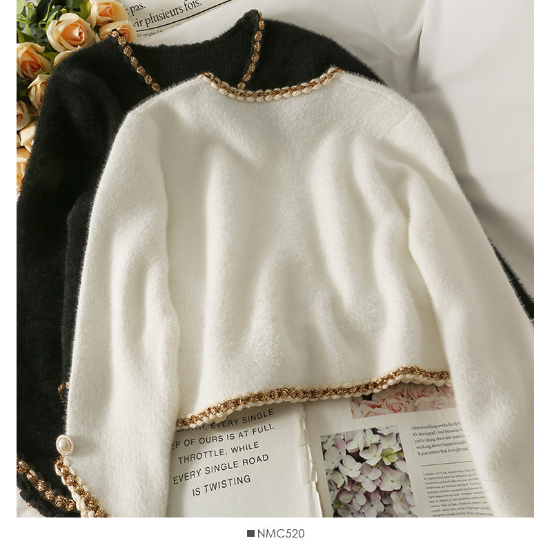 Koreanische Version heller seidengebundener Perlen-Einreiher mit langen Ärmeln Pullover 1859