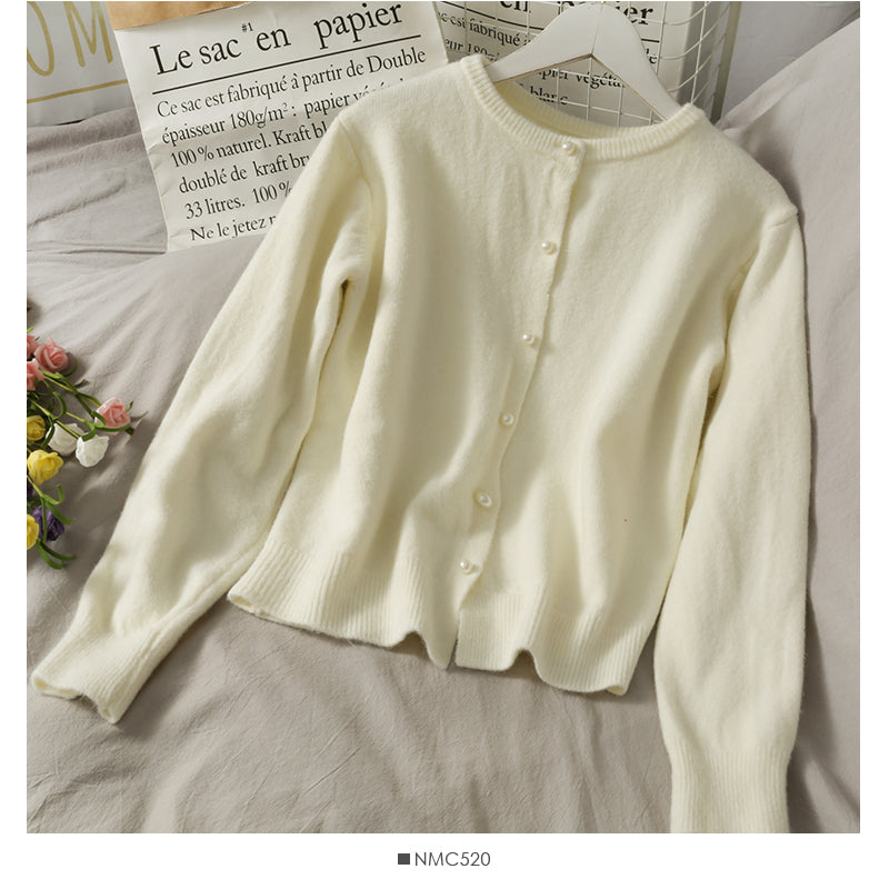 Sweet wind pearl single breasted crew neck cardigan sweater 1718
