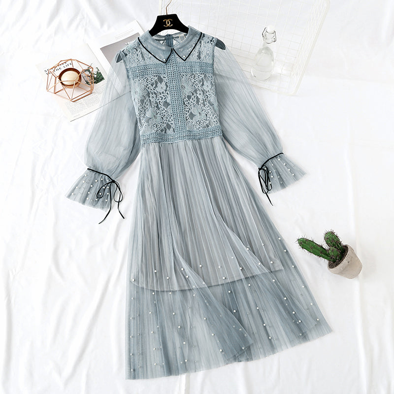 New super horn sleeve nail bead sling pleated long skirt two-piece set 2459