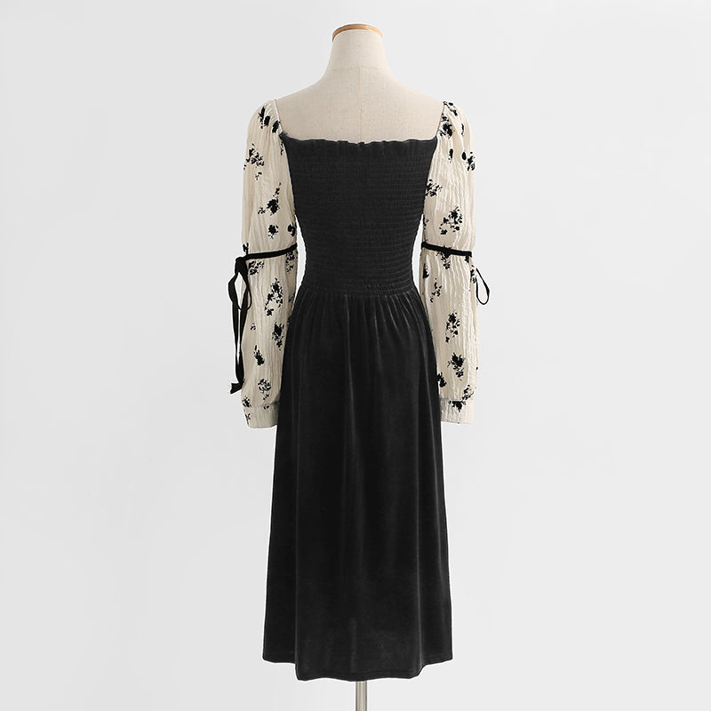 Floral dress long sleeves show thin temperament velvet skirt long skirt 2190