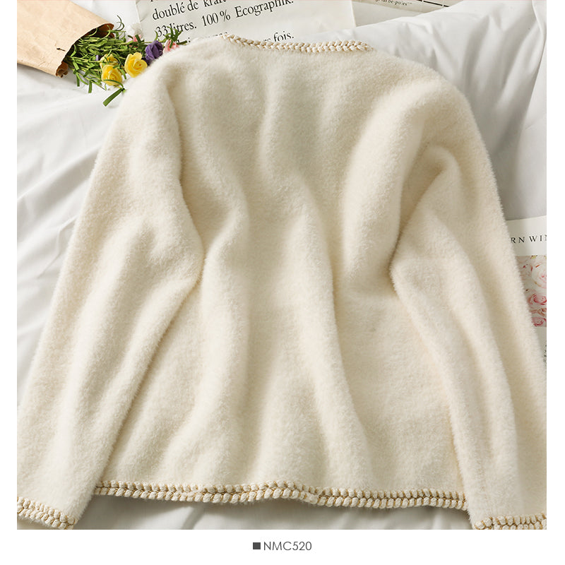 Bright silk bonded single breasted V-Neck long sleeve sweater coat 1699