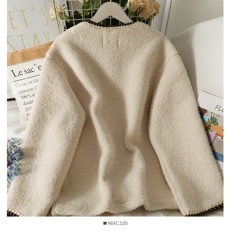Seasonal bright silk trimmed lamb wool loose coat 2112