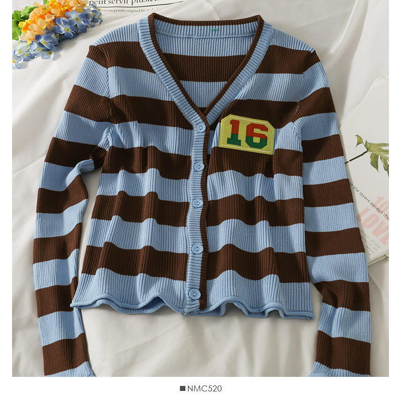 Striped single breasted cardigan long sleeved sweater for women 2061