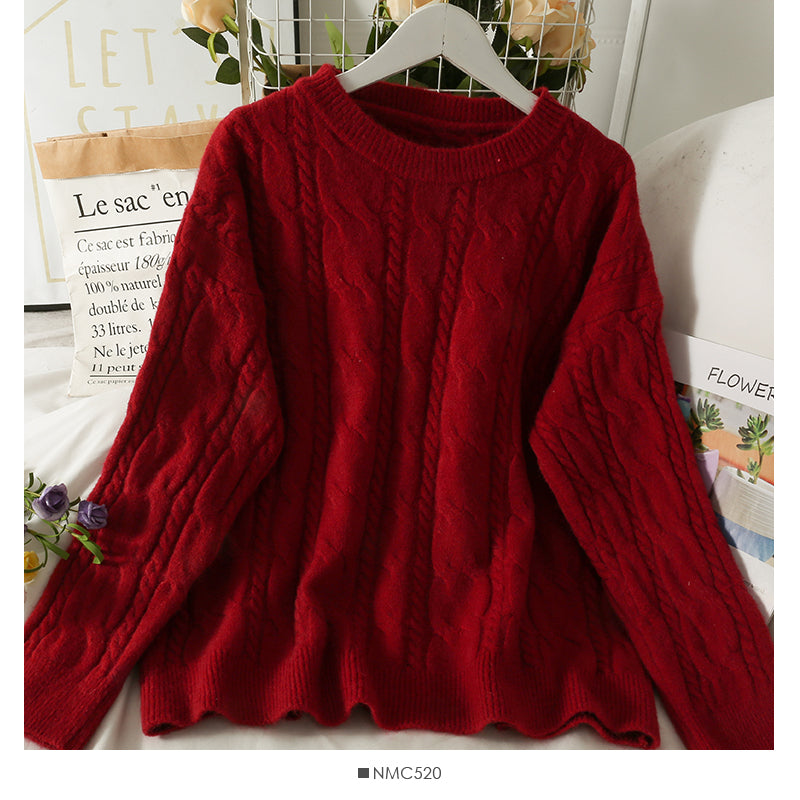 Sweater women's Hemp pattern loose and thin long sleeve Pullover Top 1985