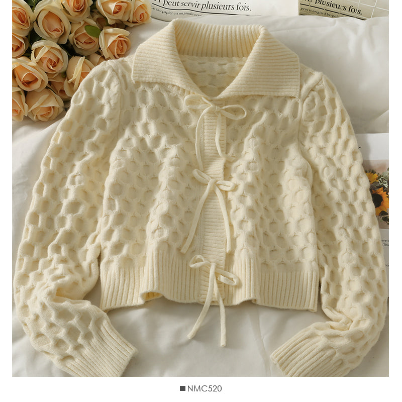 Korean bow tie tie short slim long sleeve sweater women 1888