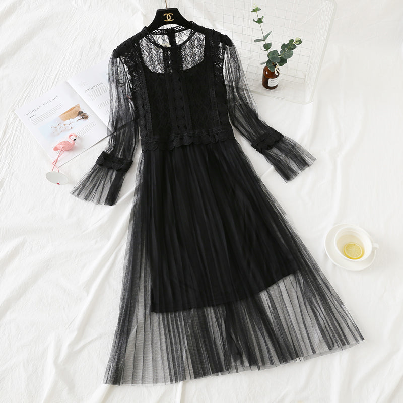 Lace stitched mesh dress women's super fairy suspender skirt two-piece set 2449