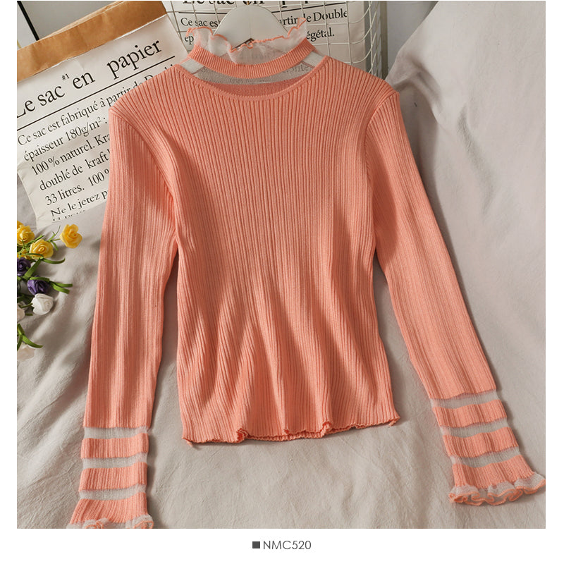 Mesh stitched wood ear edge half high neck long sleeve bottomed blouse 2025