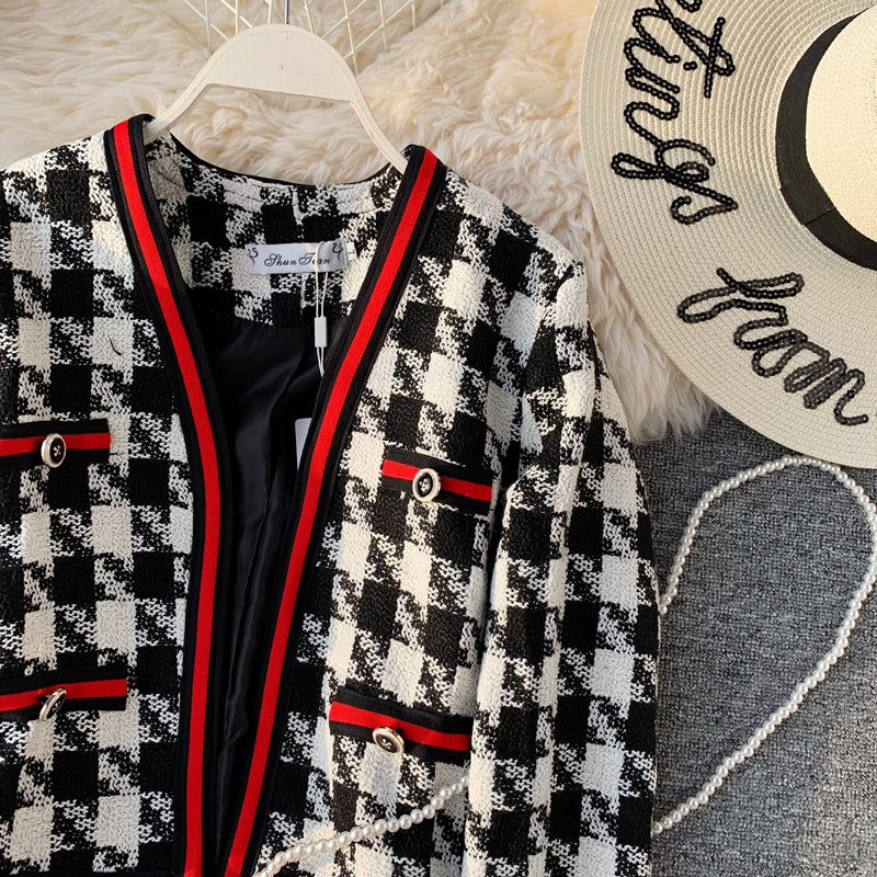 Small fragrant clothes contrast color thousand bird lattice short suit coat 1638
