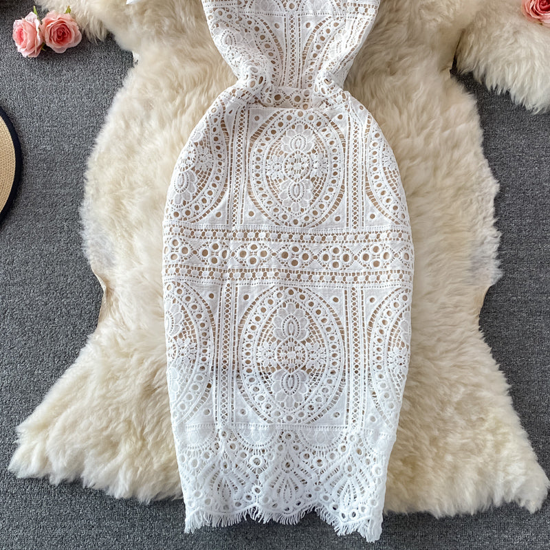 Square neck bubble sleeve high waist slim fit medium and long lace dress 2731