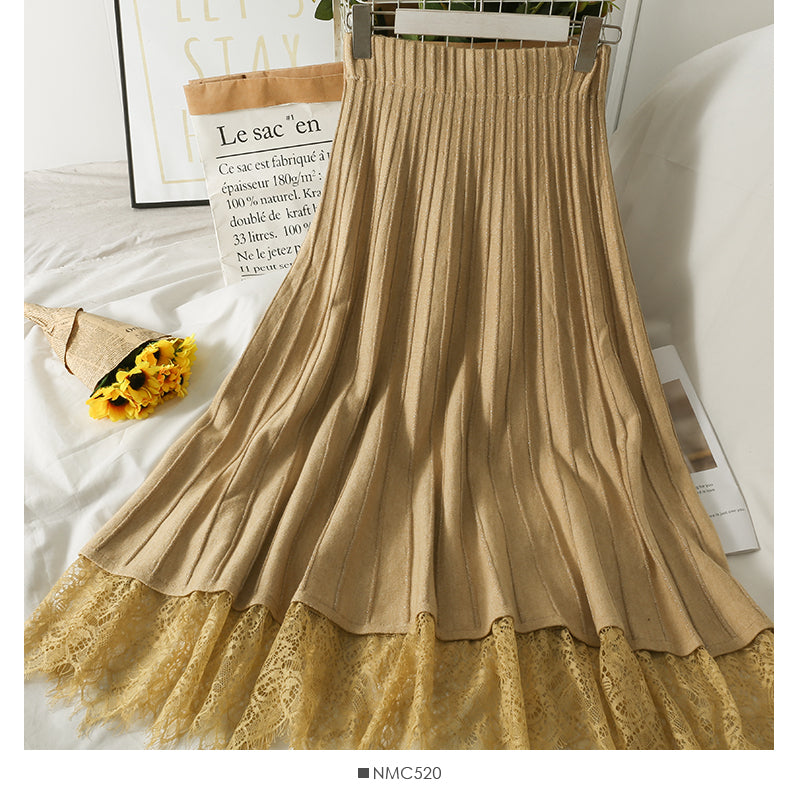 New lace stitched vertical stripe elastic waist slim skirt 2626