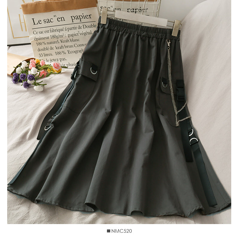 Chain decorative buckle tooling elastic waist A-shaped skirt 2656