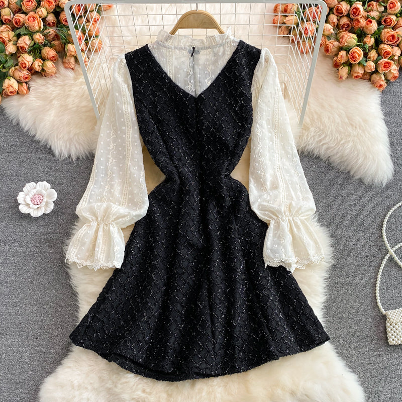 Sweet aging lace stitching stand collar Ruffle tweed dress 2919