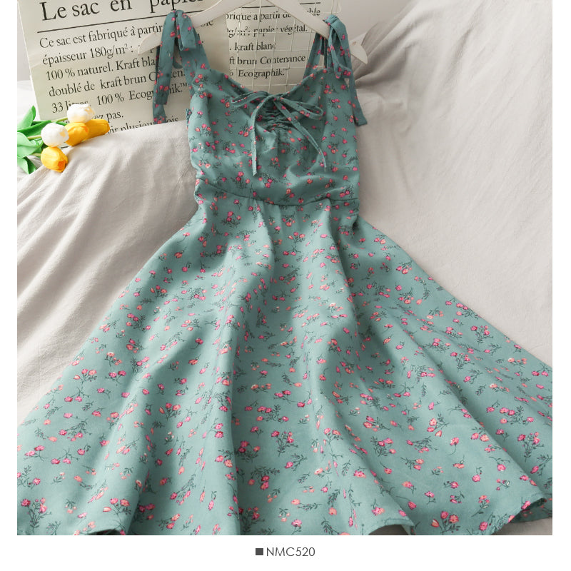Sweet floral V-neck suspender dress drawstring pleated slim fit 2699